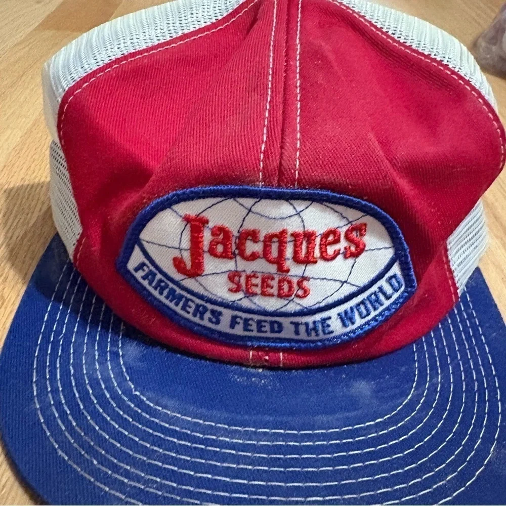 Jacques Seeds Red Blue Trucker Hat K Brand Vintage SnapBack Mesh Patch 1970s